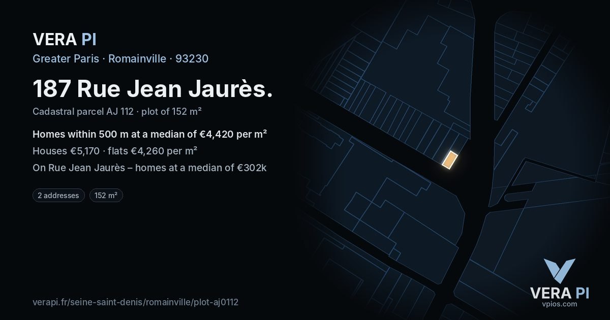 187 Rue Jean Jaurès, Romainville at night – the plot lit, the parcels around coloured by the prices near them