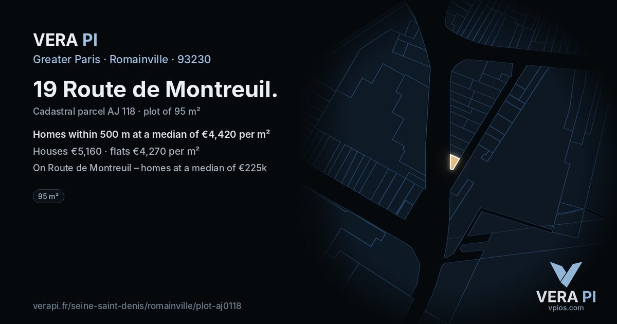 19 Route de Montreuil, Romainville at night – the plot lit, the parcels around coloured by the prices near them