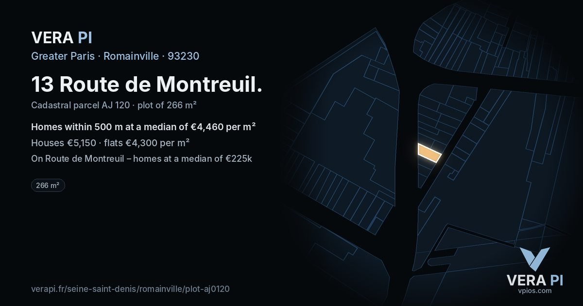 13 Route de Montreuil, Romainville at night – the plot lit, the parcels around coloured by the prices near them