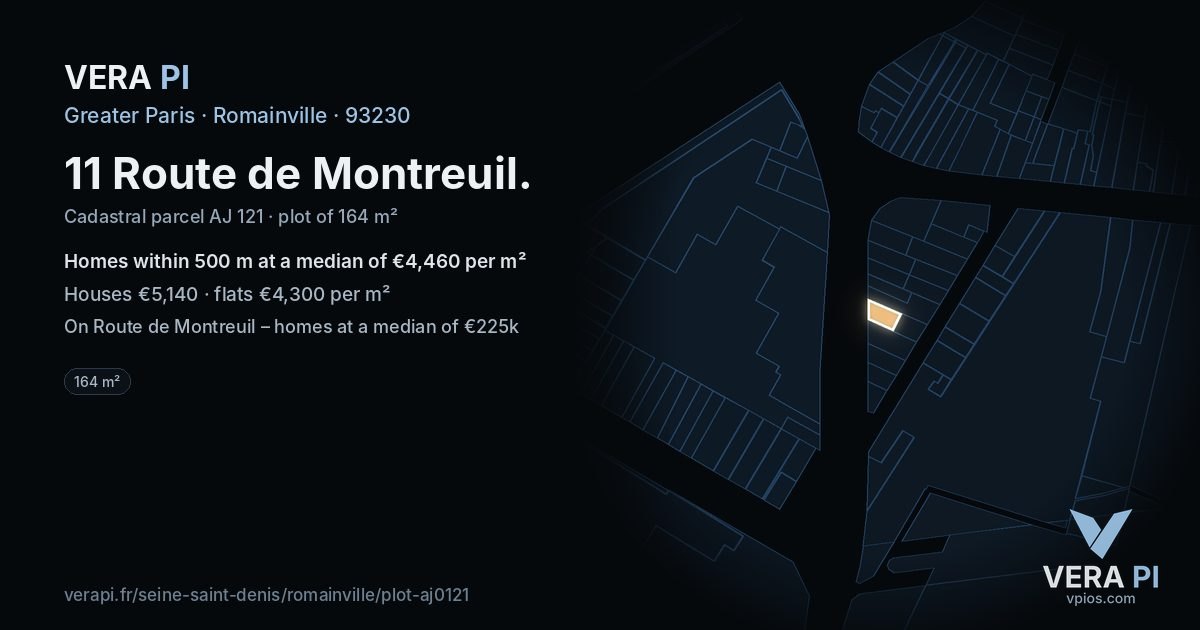 11 Route de Montreuil, Romainville at night – the plot lit, the parcels around coloured by the prices near them