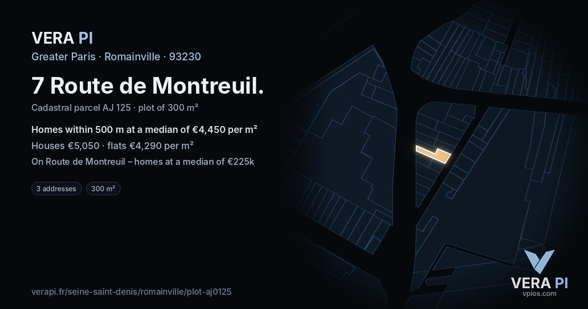 7 Route de Montreuil, Romainville at night – the plot lit, the parcels around coloured by the prices near them