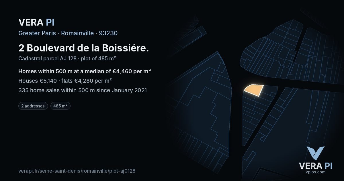 2 Boulevard de la Boissiére, Romainville at night – the plot lit, the parcels around coloured by the prices near them