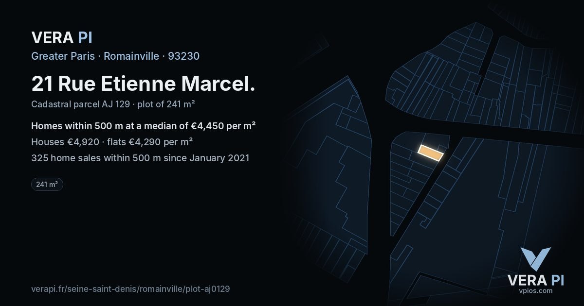 21 Rue Etienne Marcel, Romainville at night – the plot lit, the parcels around coloured by the prices near them