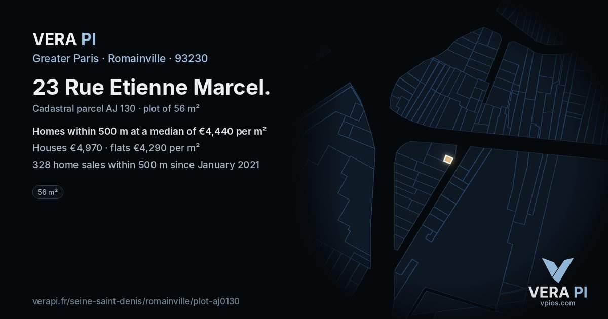 23 Rue Etienne Marcel, Romainville at night – the plot lit, the parcels around coloured by the prices near them
