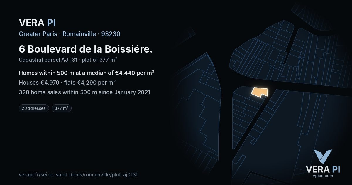 6 Boulevard de la Boissiére, Romainville at night – the plot lit, the parcels around coloured by the prices near them