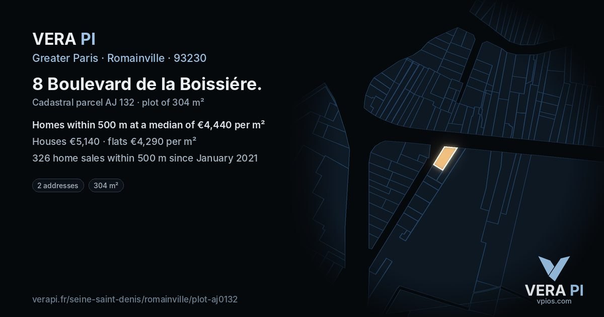 8 Boulevard de la Boissiére, Romainville at night – the plot lit, the parcels around coloured by the prices near them
