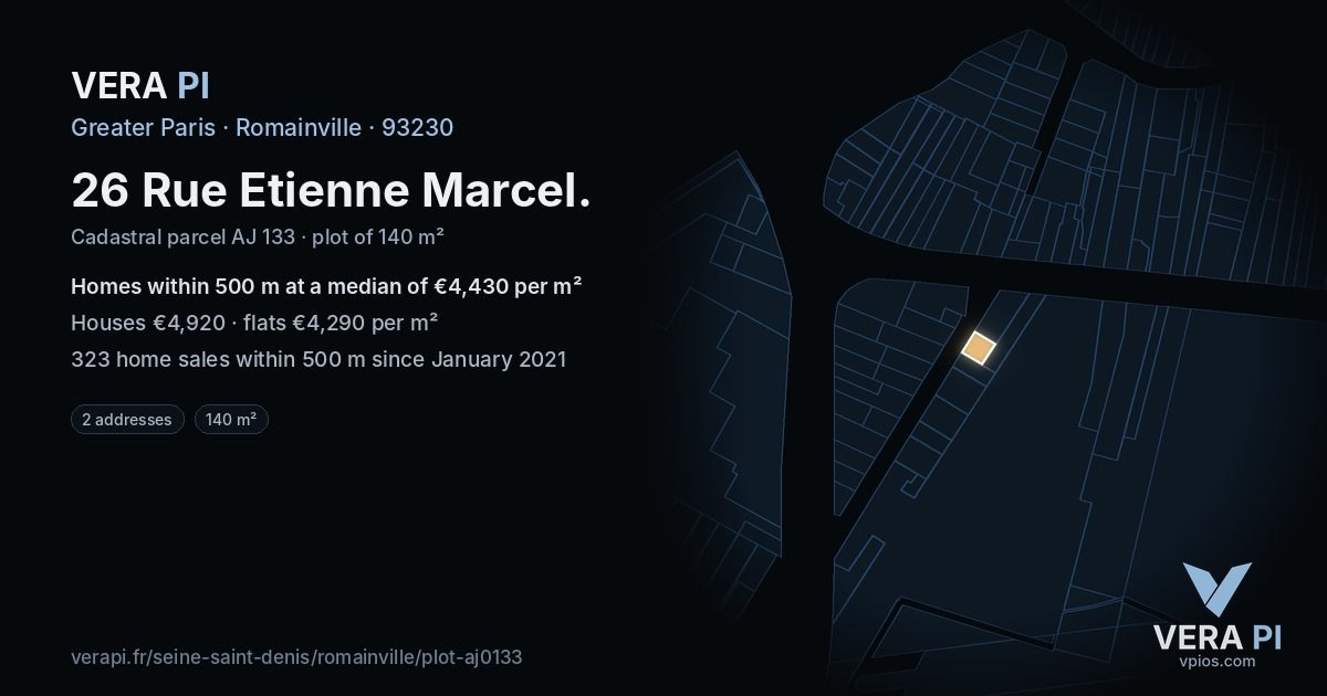 26 Rue Etienne Marcel, Romainville at night – the plot lit, the parcels around coloured by the prices near them