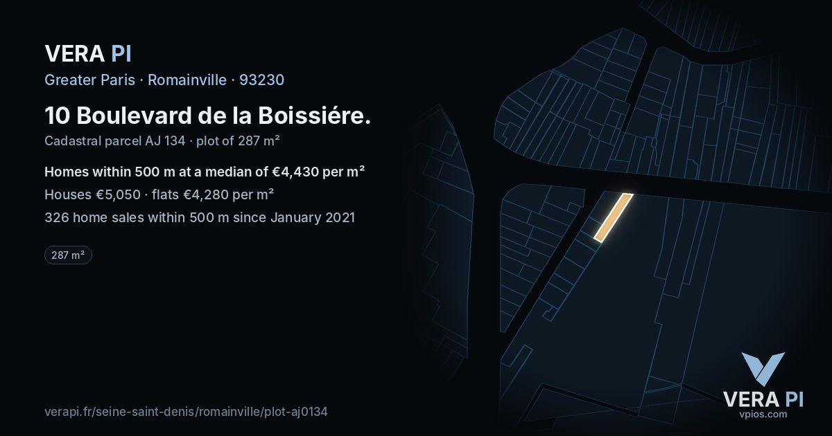 10 Boulevard de la Boissiére, Romainville at night – the plot lit, the parcels around coloured by the prices near them