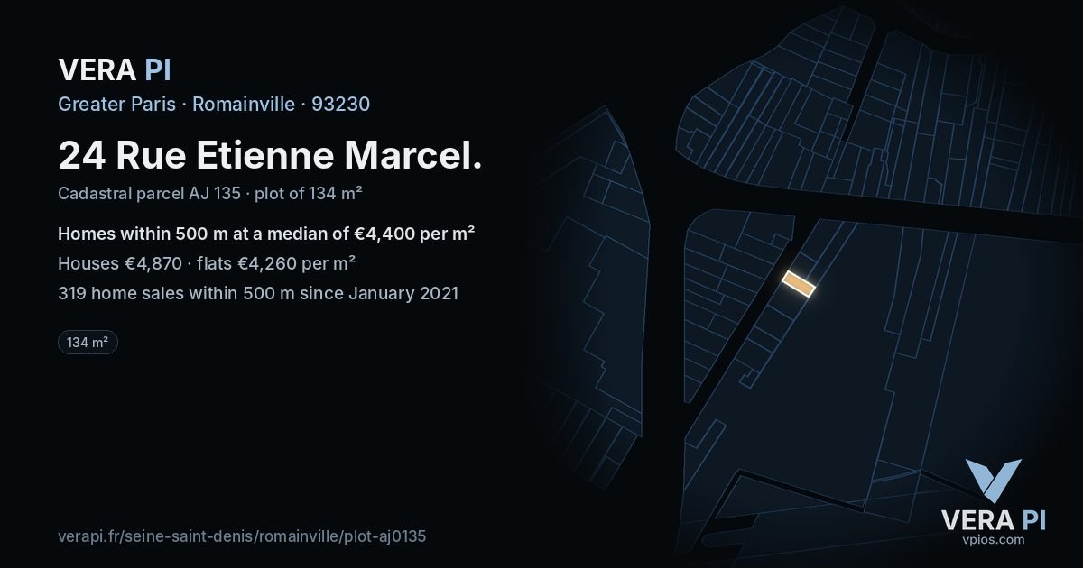 24 Rue Etienne Marcel, Romainville at night – the plot lit, the parcels around coloured by the prices near them
