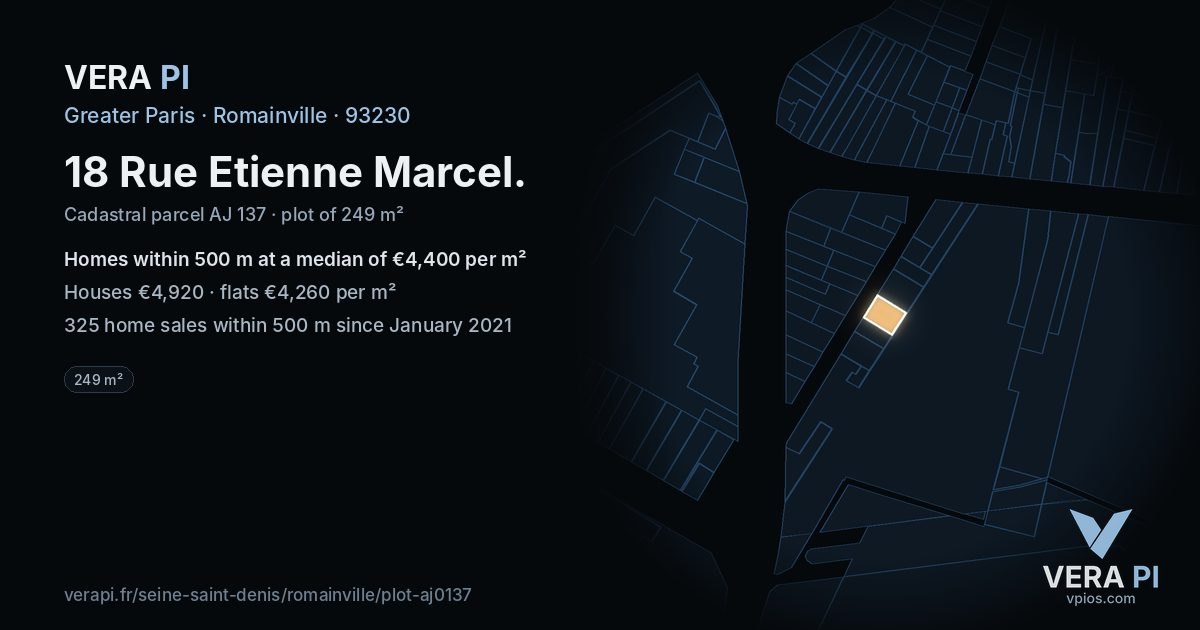 18 Rue Etienne Marcel, Romainville at night – the plot lit, the parcels around coloured by the prices near them