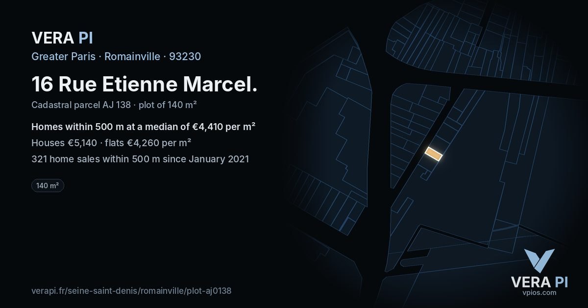16 Rue Etienne Marcel, Romainville at night – the plot lit, the parcels around coloured by the prices near them