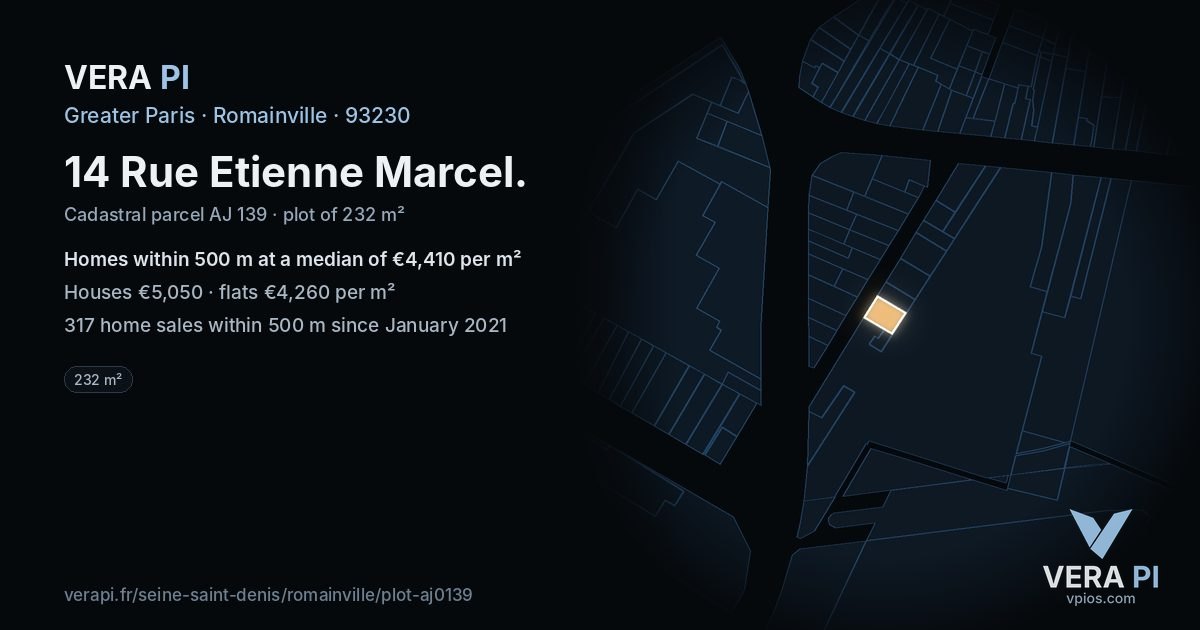 14 Rue Etienne Marcel, Romainville at night – the plot lit, the parcels around coloured by the prices near them