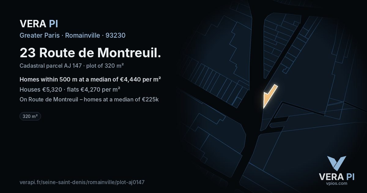 23 Route de Montreuil, Romainville at night – the plot lit, the parcels around coloured by the prices near them