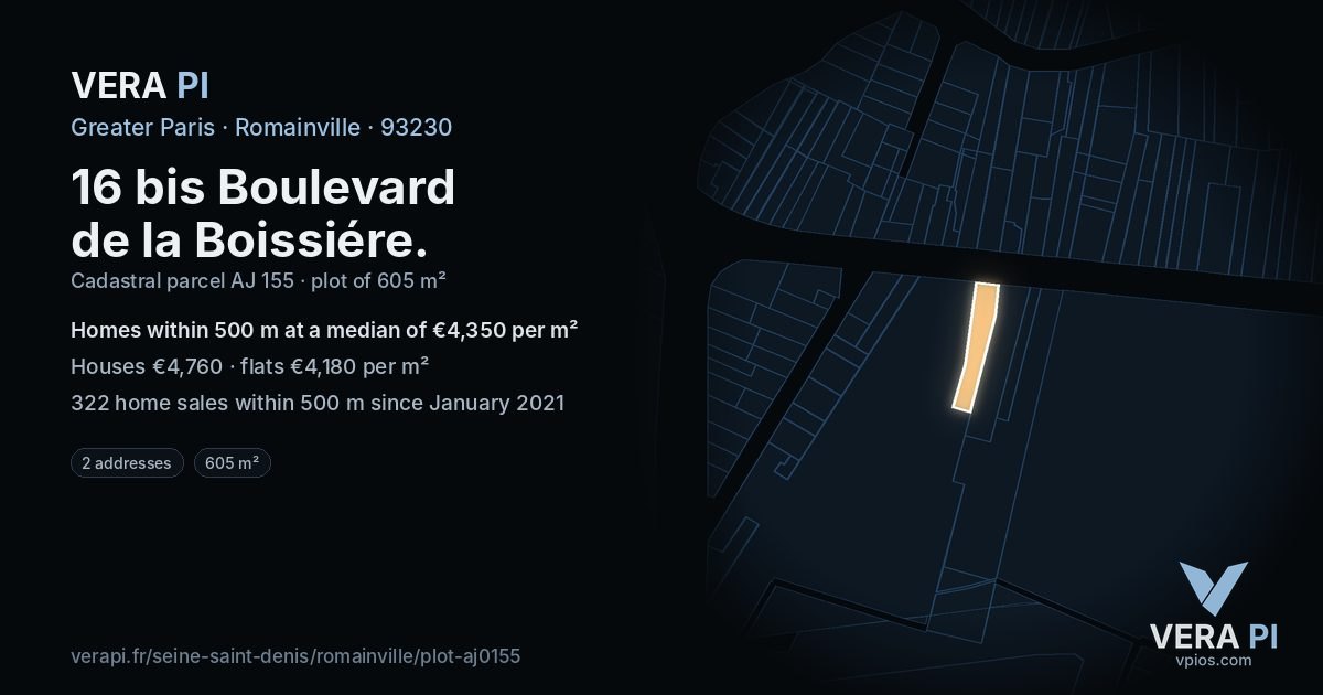 16 bis Boulevard de la Boissiére, Romainville at night – the plot lit, the parcels around coloured by the prices near them