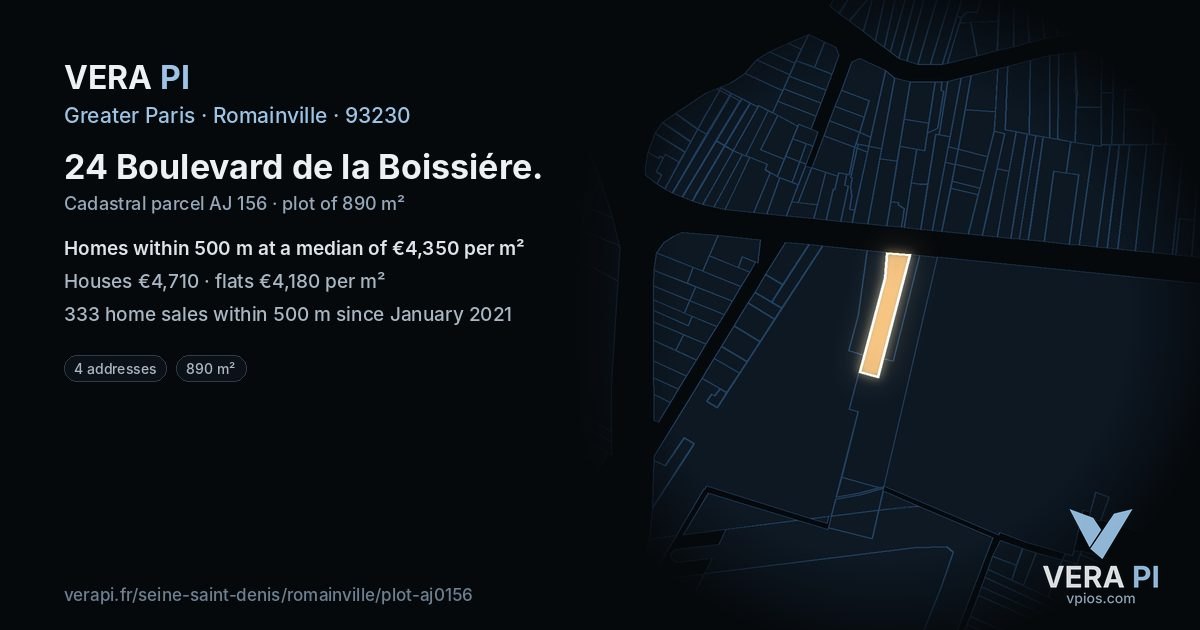 24 Boulevard de la Boissiére, Romainville at night – the plot lit, the parcels around coloured by the prices near them