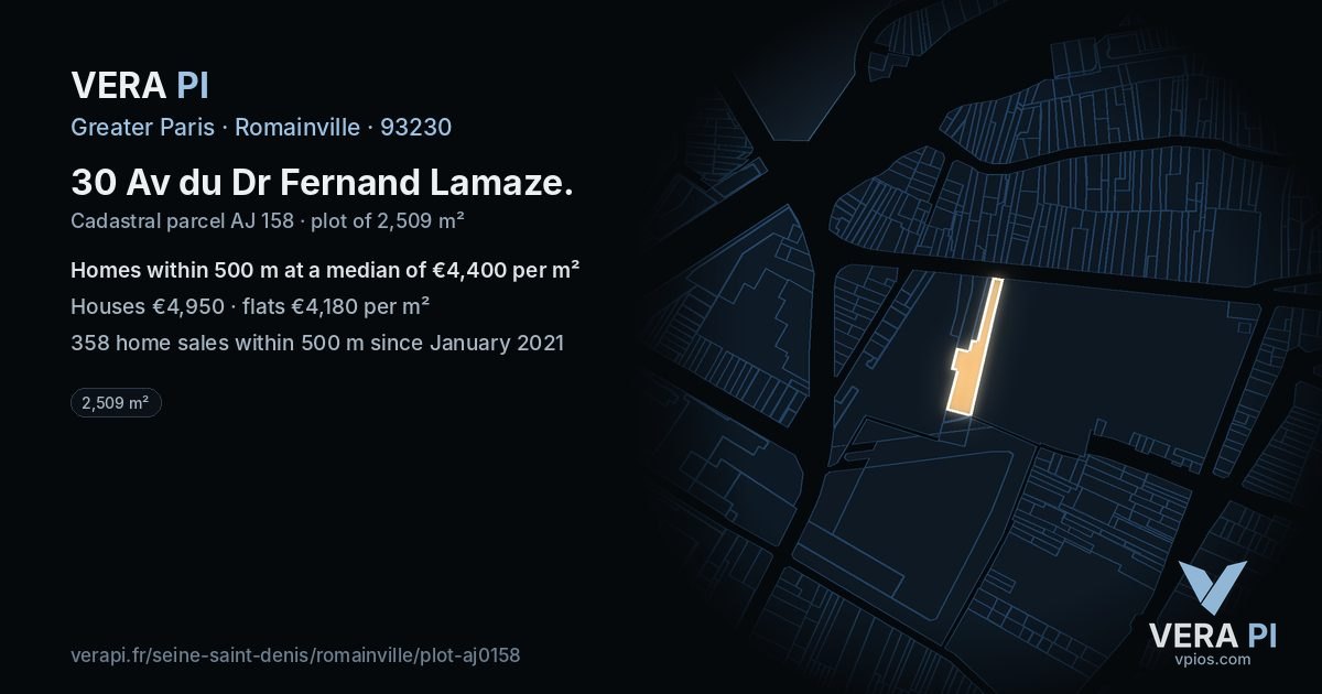 30 Av du Dr Fernand Lamaze, Romainville at night – the plot lit, the parcels around coloured by the prices near them