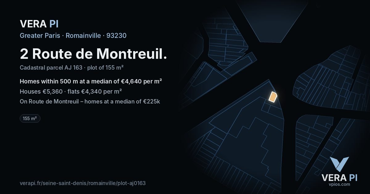 2 Route de Montreuil, Romainville at night – the plot lit, the parcels around coloured by the prices near them