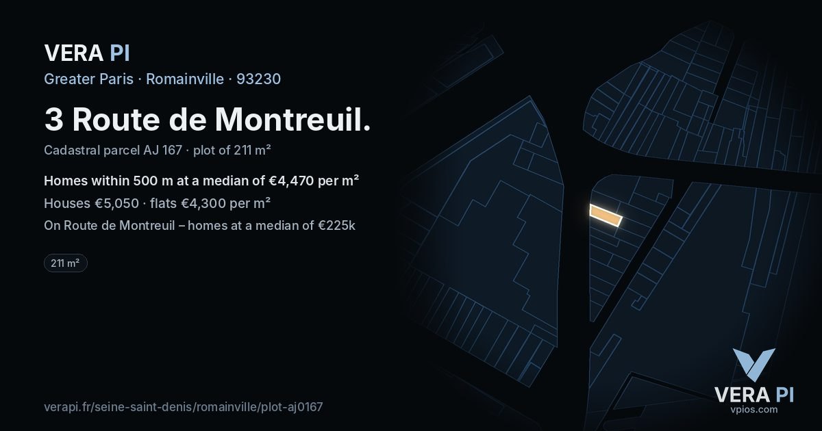 3 Route de Montreuil, Romainville at night – the plot lit, the parcels around coloured by the prices near them