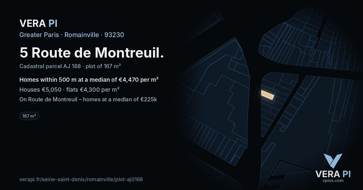 5 Route de Montreuil, Romainville at night – the plot lit, the parcels around coloured by the prices near them
