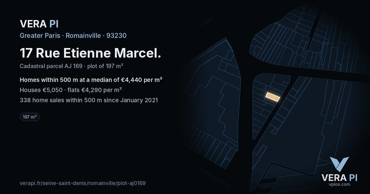 17 Rue Etienne Marcel, Romainville at night – the plot lit, the parcels around coloured by the prices near them
