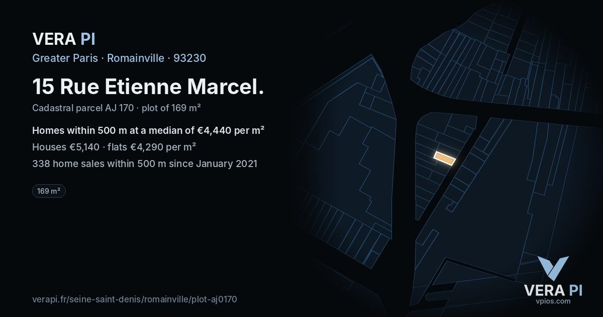 15 Rue Etienne Marcel, Romainville at night – the plot lit, the parcels around coloured by the prices near them