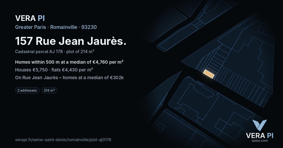 157 Rue Jean Jaurès, Romainville at night – the plot lit, the parcels around coloured by the prices near them