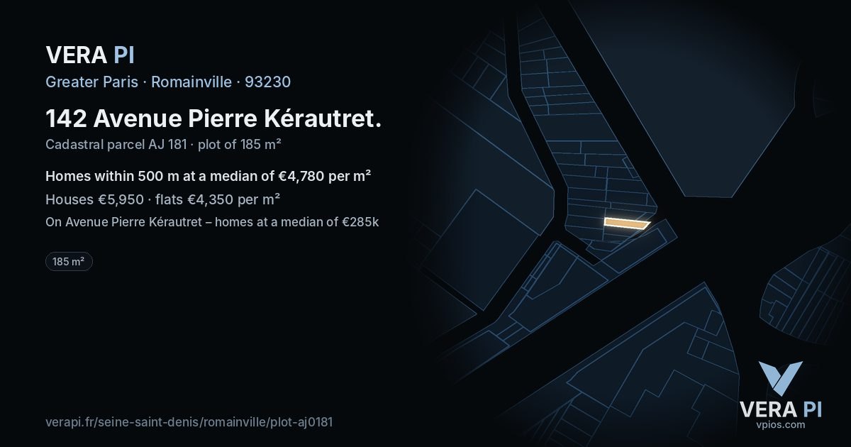 142 Avenue Pierre Kérautret, Romainville at night – the plot lit, the parcels around coloured by the prices near them