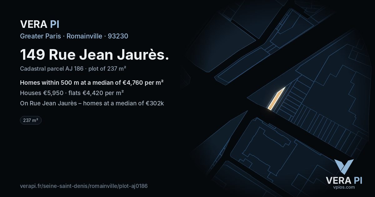 149 Rue Jean Jaurès, Romainville at night – the plot lit, the parcels around coloured by the prices near them