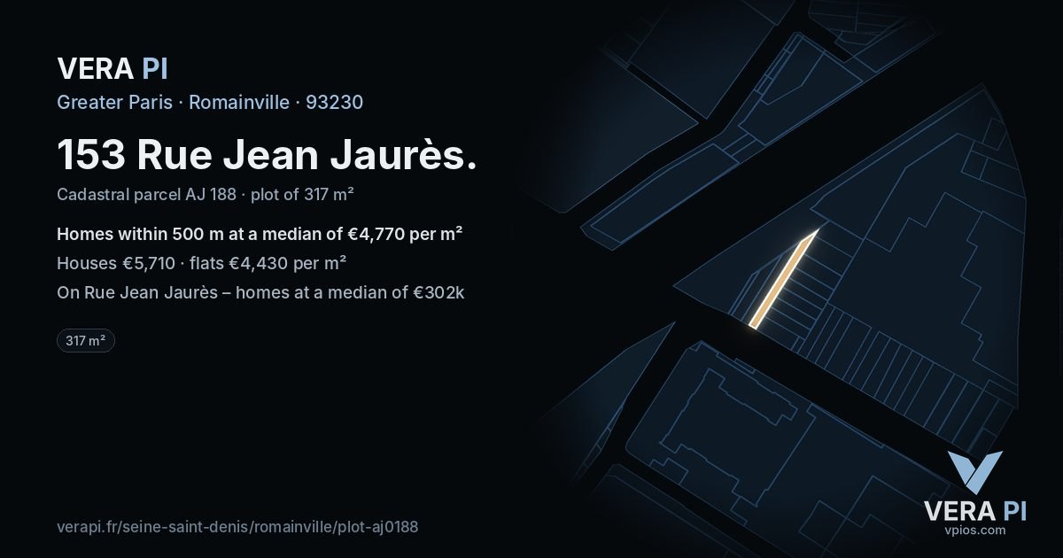 153 Rue Jean Jaurès, Romainville at night – the plot lit, the parcels around coloured by the prices near them
