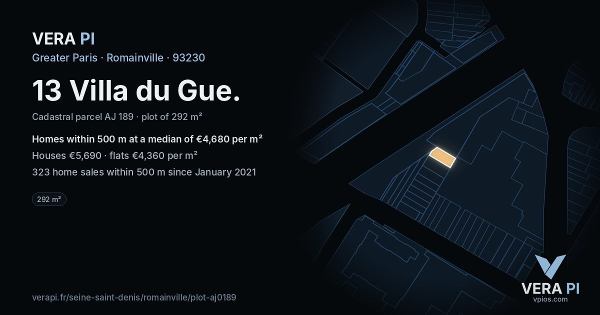 13 Villa du Gue, Romainville at night – the plot lit, the parcels around coloured by the prices near them