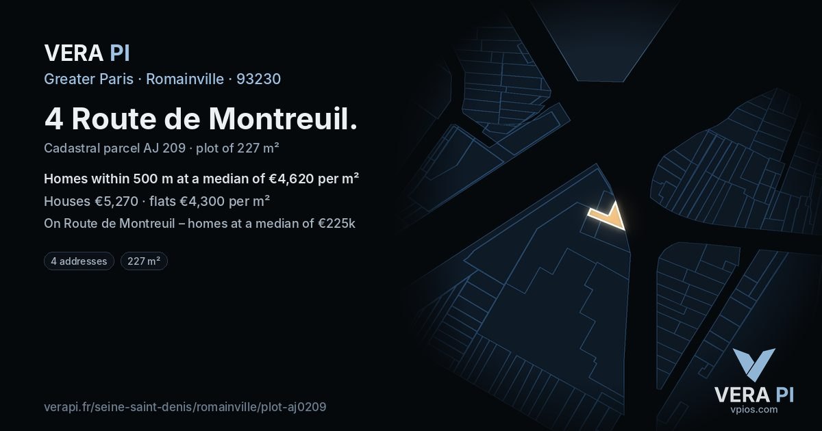 4 Route de Montreuil, Romainville at night – the plot lit, the parcels around coloured by the prices near them