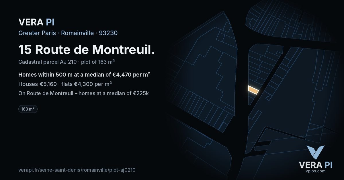 15 Route de Montreuil, Romainville at night – the plot lit, the parcels around coloured by the prices near them