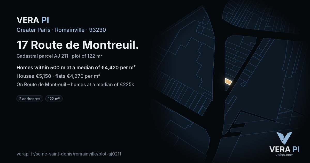 17 Route de Montreuil, Romainville at night – the plot lit, the parcels around coloured by the prices near them