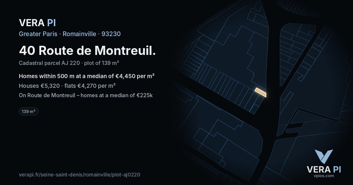 40 Route de Montreuil, Romainville at night – the plot lit, the parcels around coloured by the prices near them