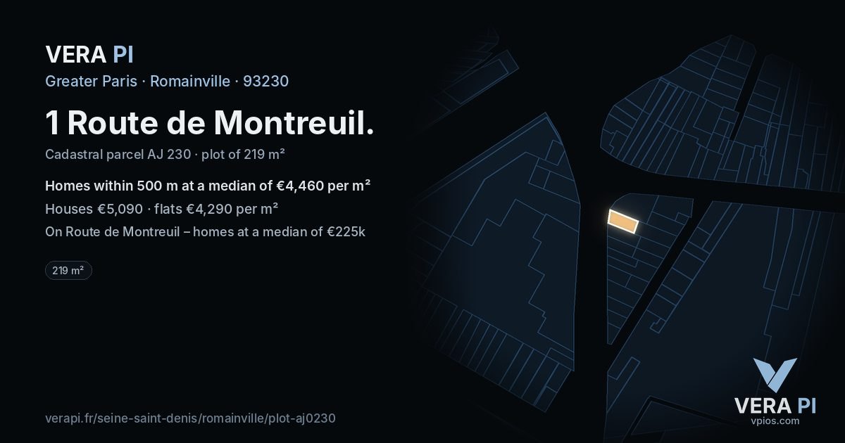 1 Route de Montreuil, Romainville at night – the plot lit, the parcels around coloured by the prices near them