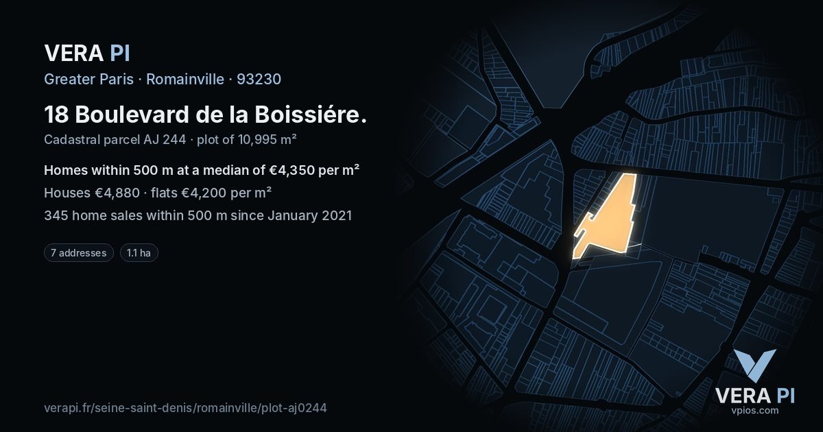 18 Boulevard de la Boissiére, Romainville at night – the plot lit, the parcels around coloured by the prices near them