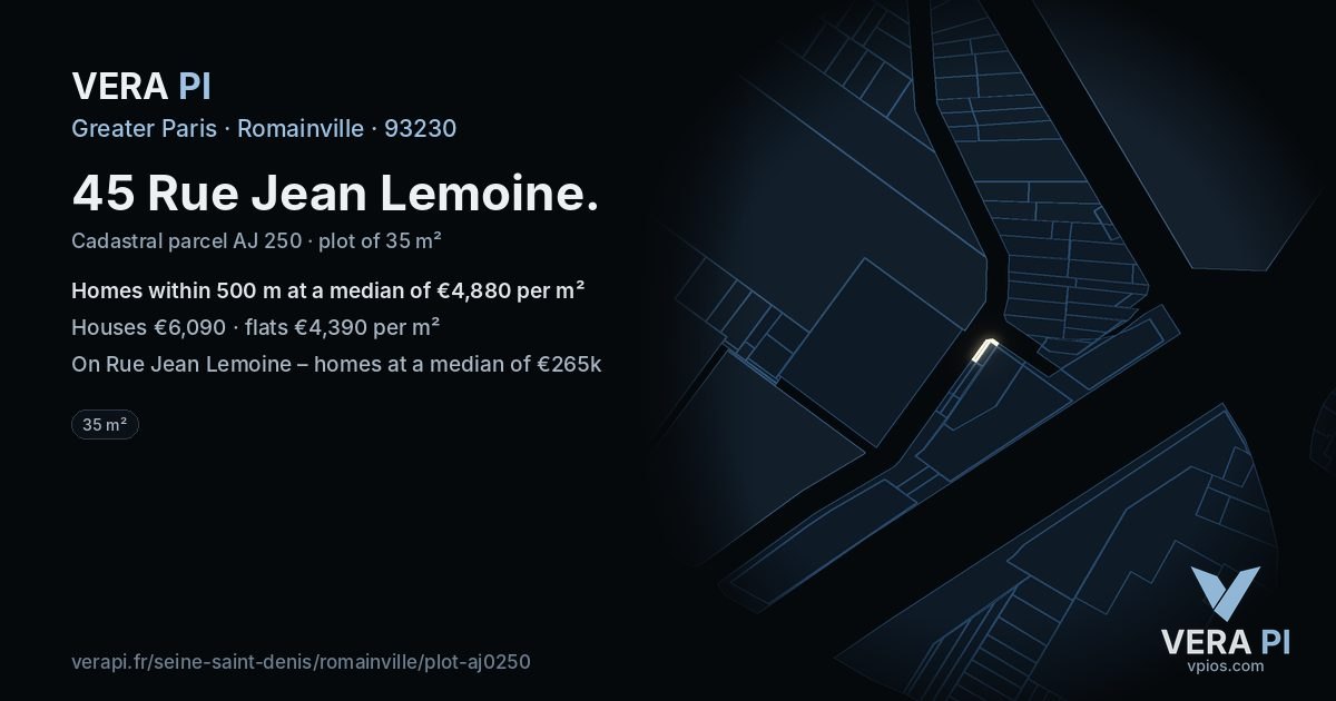 45 Rue Jean Lemoine, Romainville at night – the plot lit, the parcels around coloured by the prices near them