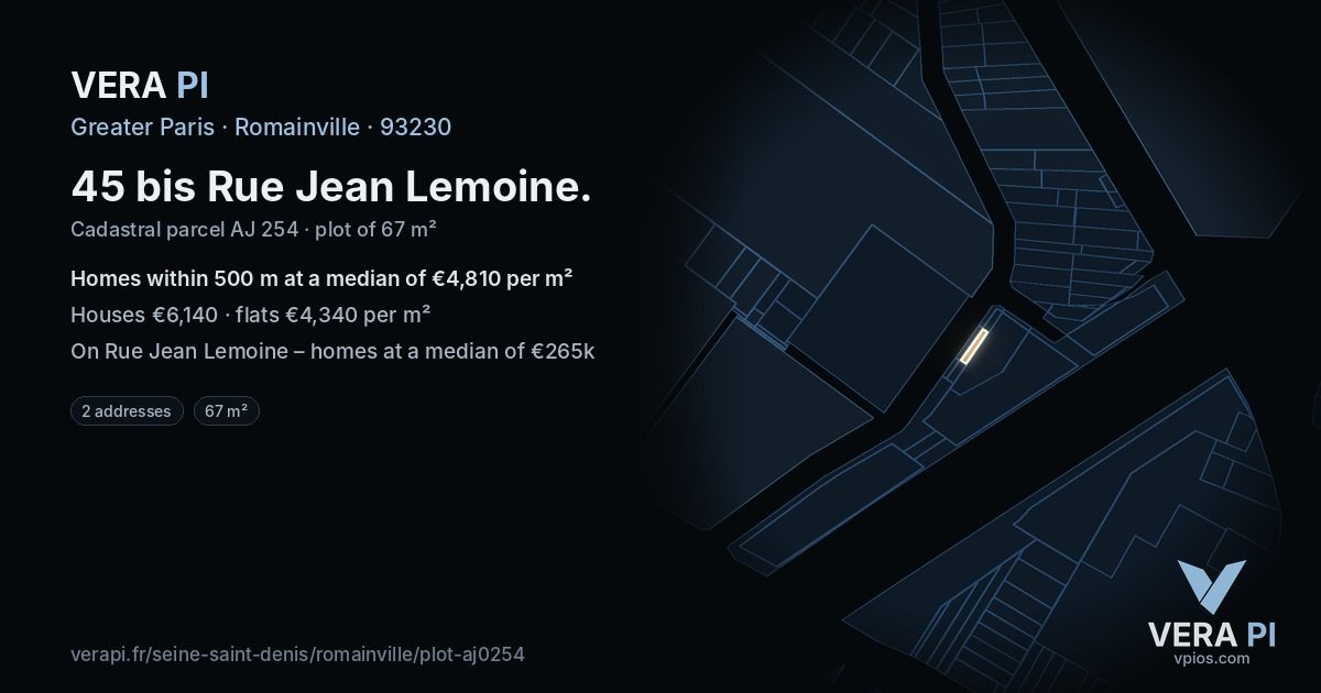 45 bis Rue Jean Lemoine, Romainville at night – the plot lit, the parcels around coloured by the prices near them