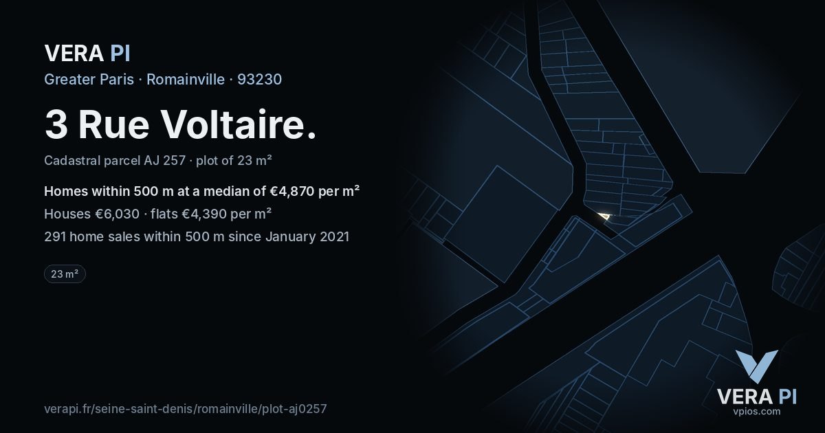 3 Rue Voltaire, Romainville at night – the plot lit, the parcels around coloured by the prices near them