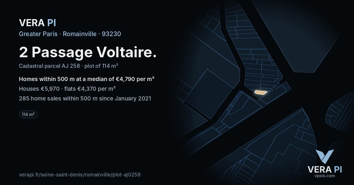 2 Passage Voltaire, Romainville at night – the plot lit, the parcels around coloured by the prices near them