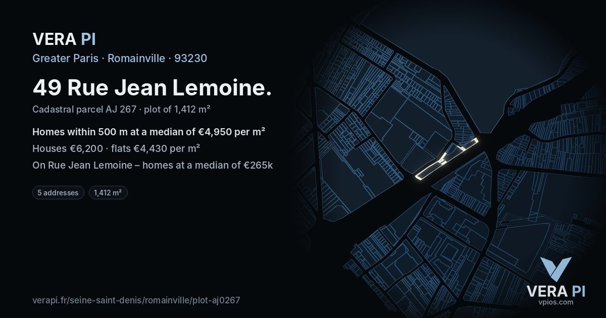 49 Rue Jean Lemoine, Romainville at night – the plot lit, the parcels around coloured by the prices near them