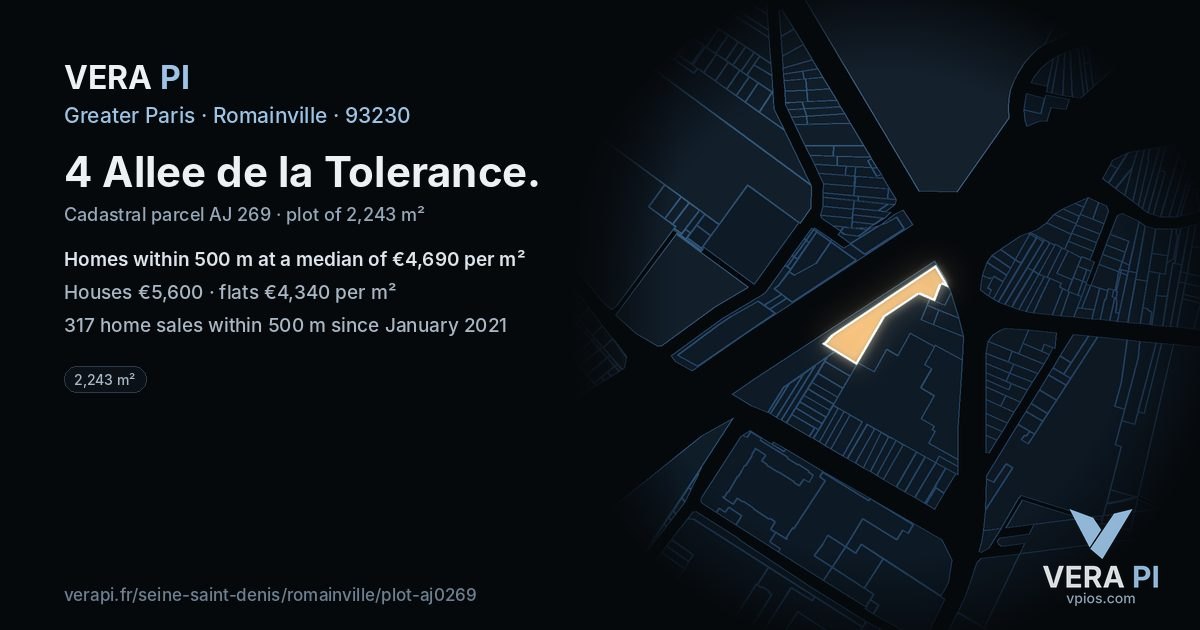 4 Allee de la Tolerance, Romainville at night – the plot lit, the parcels around coloured by the prices near them