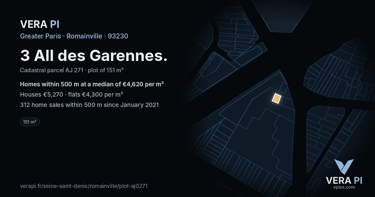 3 All des Garennes, Romainville at night – the plot lit, the parcels around coloured by the prices near them