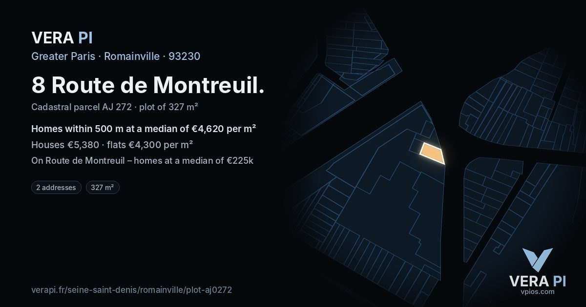 8 Route de Montreuil, Romainville at night – the plot lit, the parcels around coloured by the prices near them