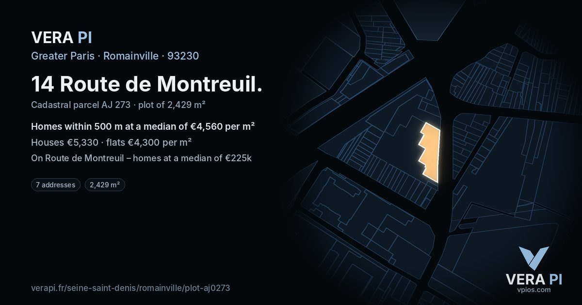 14 Route de Montreuil, Romainville at night – the plot lit, the parcels around coloured by the prices near them