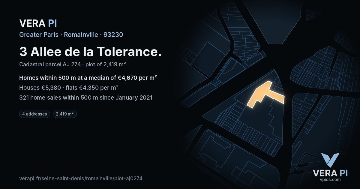 3 Allee de la Tolerance, Romainville at night – the plot lit, the parcels around coloured by the prices near them