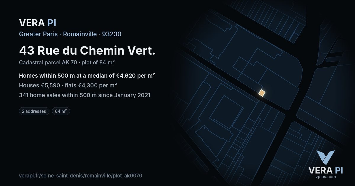43 Rue du Chemin Vert, Romainville at night – the plot lit, the parcels around coloured by the prices near them