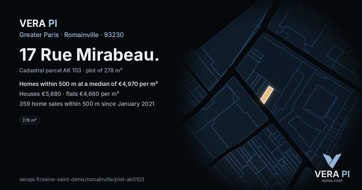 17 Rue Mirabeau, Romainville at night – the plot lit, the parcels around coloured by the prices near them