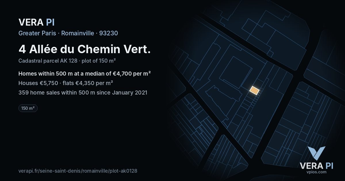 4 Allée du Chemin Vert, Romainville at night – the plot lit, the parcels around coloured by the prices near them