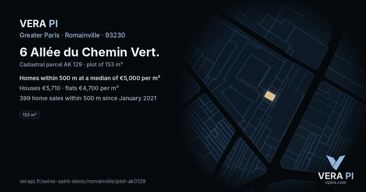 6 Allée du Chemin Vert, Romainville at night – the plot lit, the parcels around coloured by the prices near them